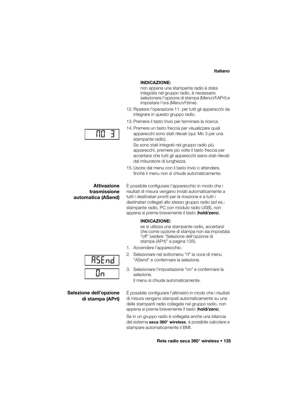 Attivazione trasmissione automatica (asend), Selezione dell’opzione di stampa (aprt) | Seca 274 band_1 User Manual | Page 135 / 255