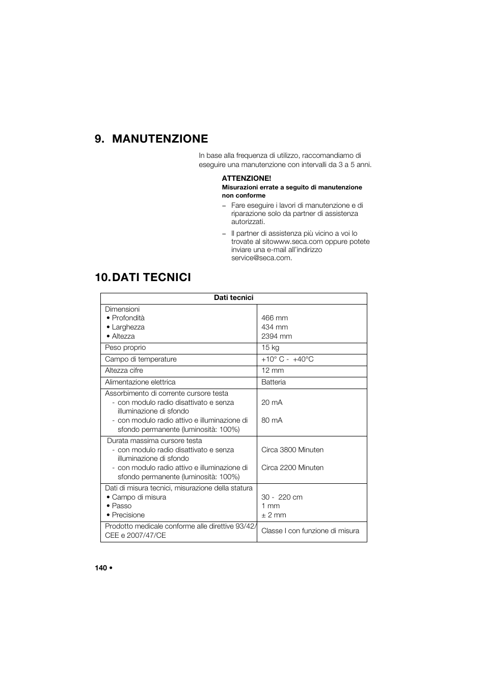 Manutenzione, Dati tecnici | Seca 274 band_1 User Manual | Page 140 / 255