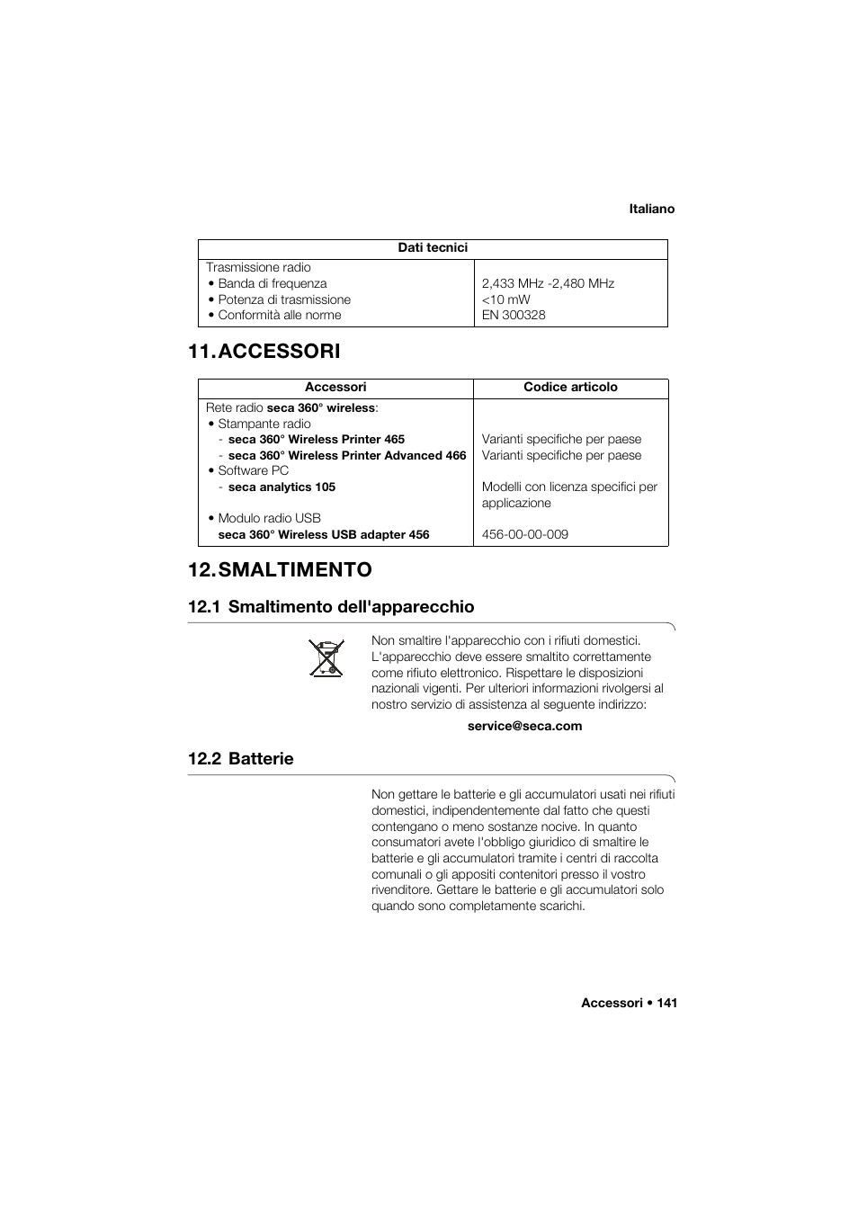 Accessori, Smaltimento, 1 smaltimento dell'apparecchio | 2 batterie, Accessori 12. smaltimento | Seca 274 band_1 User Manual | Page 141 / 255