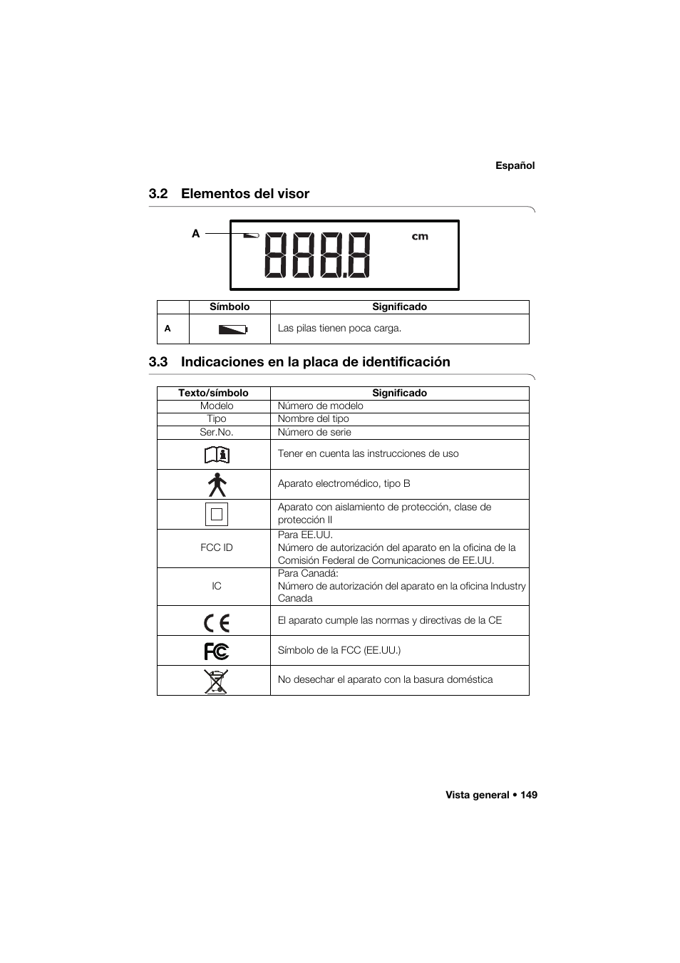 2 elementos del visor, 3 indicaciones en la placa de identificación | Seca 274 band_1 User Manual | Page 149 / 255