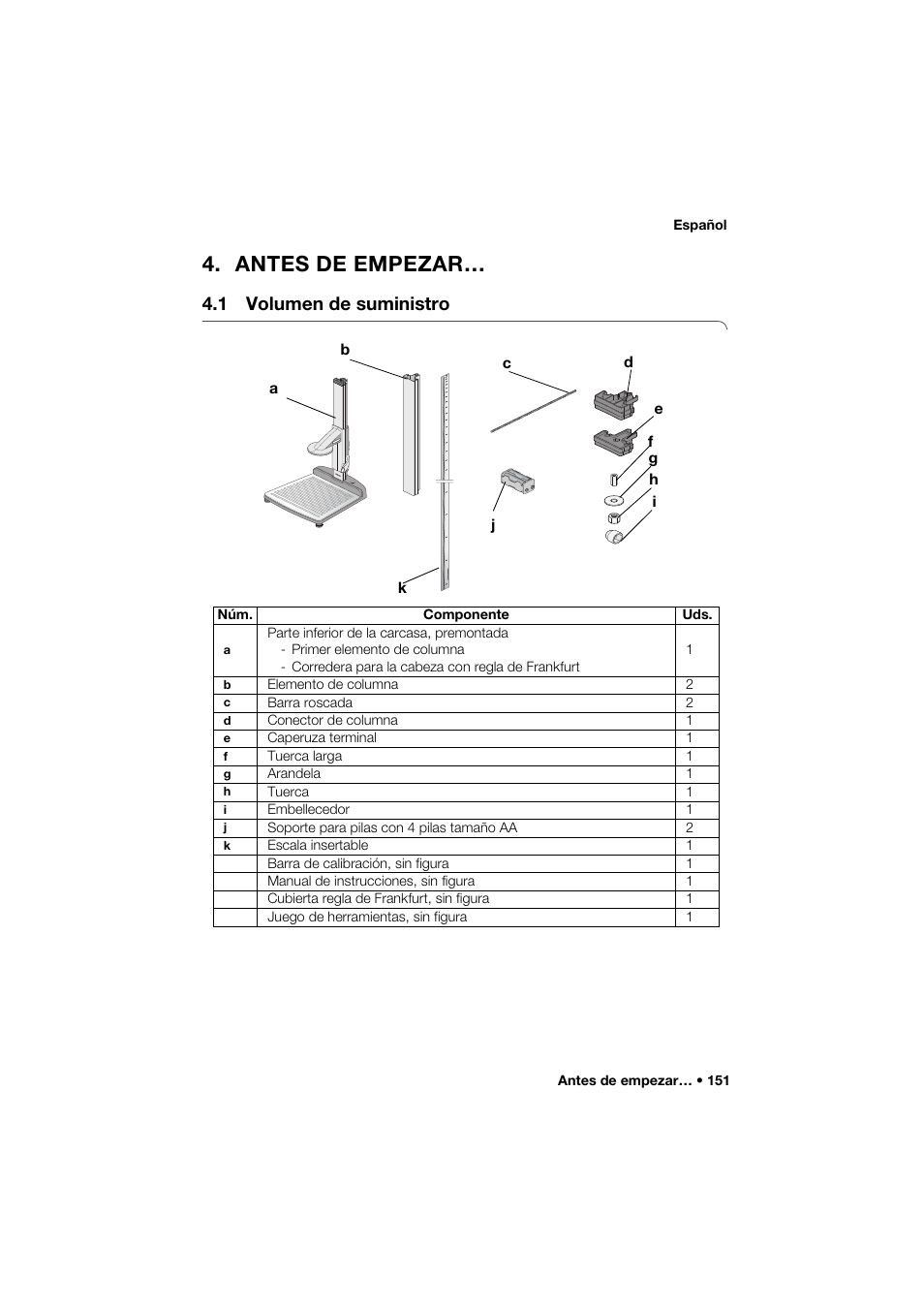 Antes de empezar, 1 volumen de suministro | Seca 274 band_1 User Manual | Page 151 / 255