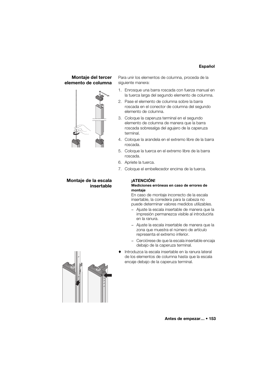 Montaje del tercer elemento de columna, Montaje de la escala insertable | Seca 274 band_1 User Manual | Page 153 / 255