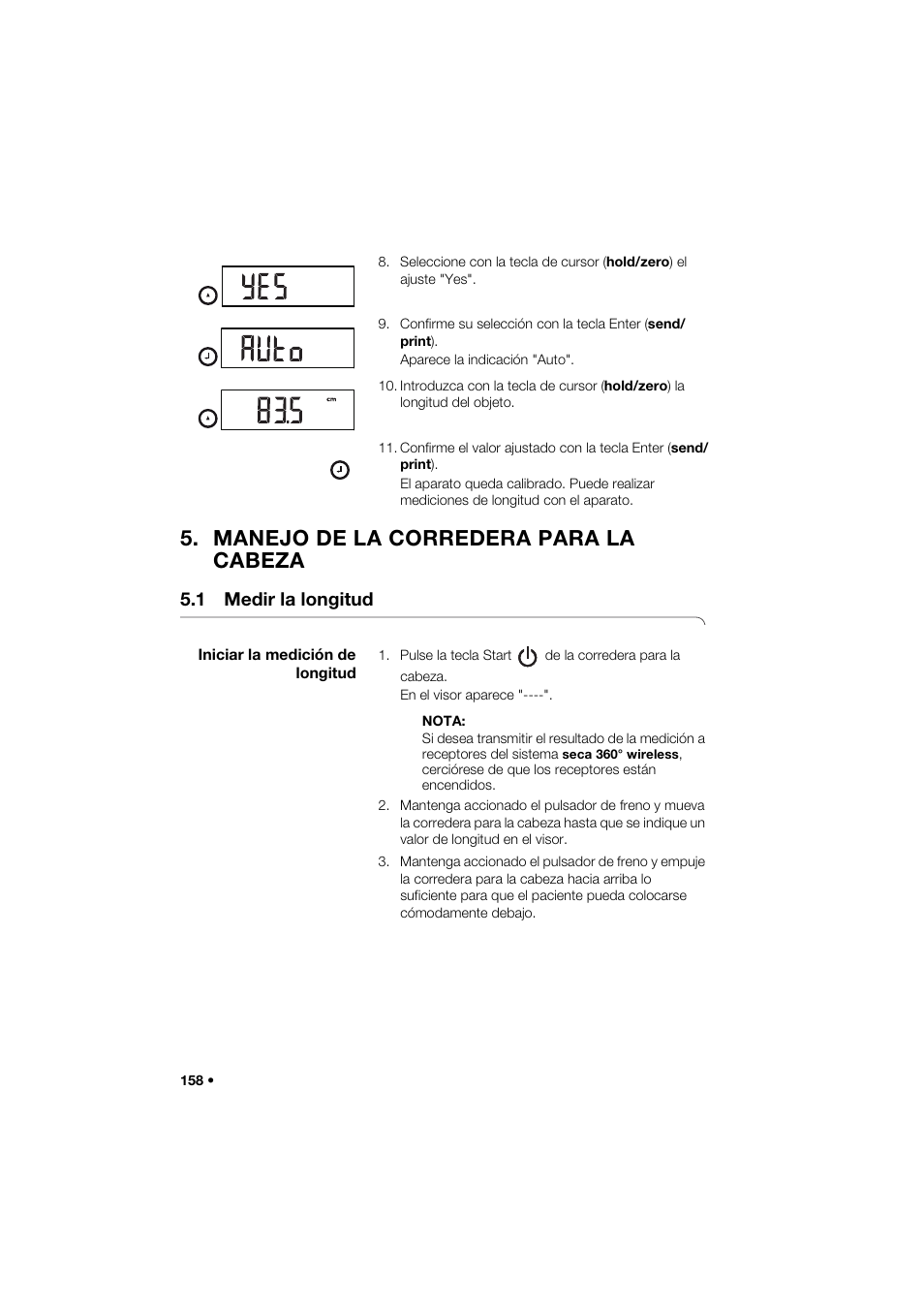 Manejo de la corredera para la cabeza, 1 medir la longitud, Iniciar la medición de longitud | Seca 274 band_1 User Manual | Page 158 / 255