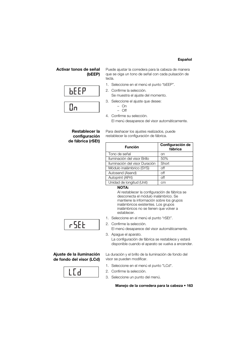 Activar tonos de señal (beep), Restablecer la configuración de fábrica (rset), Ajuste de la iluminación de fondo del visor (lcd) | Seca 274 band_1 User Manual | Page 163 / 255