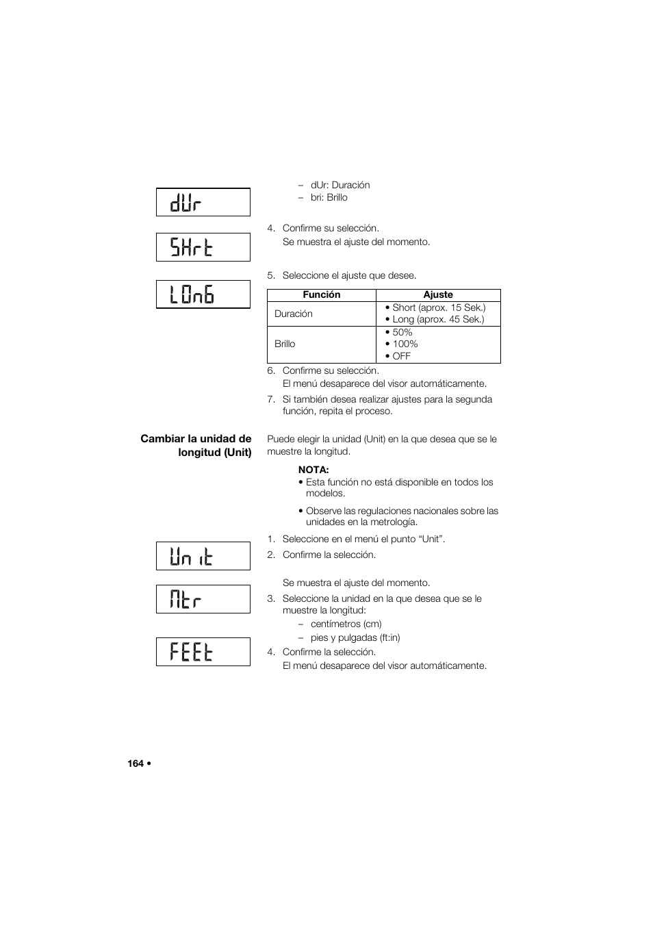 Cambiar la unidad de longitud (unit) | Seca 274 band_1 User Manual | Page 164 / 255