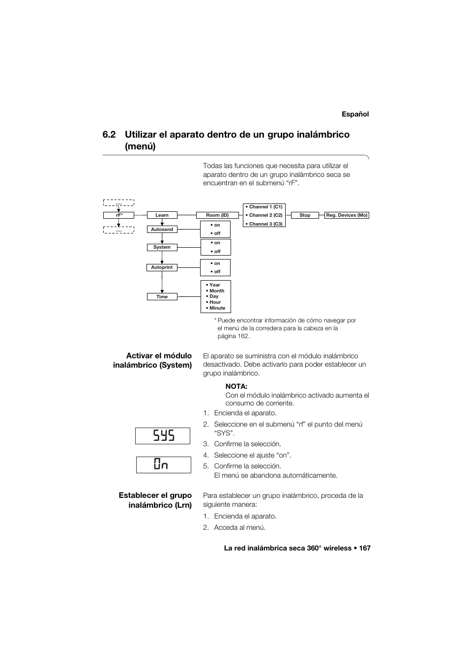 Activar el módulo inalámbrico (system), Establecer el grupo inalámbrico (lrn), 2 utilizar el aparato dentro de un | Grupo inalámbrico (menú) | Seca 274 band_1 User Manual | Page 167 / 255