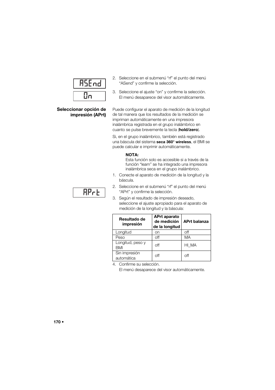 Seleccionar opción de impresión (aprt) | Seca 274 band_1 User Manual | Page 170 / 255