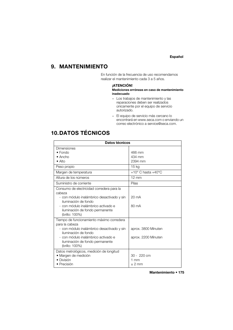 Mantenimiento, Datos técnicos | Seca 274 band_1 User Manual | Page 175 / 255