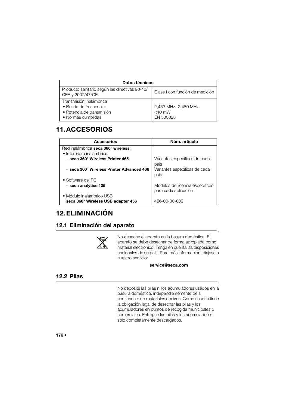 Accesorios, Eliminación, 1 eliminación del aparato | 2 pilas, Accesorios 12. eliminación | Seca 274 band_1 User Manual | Page 176 / 255