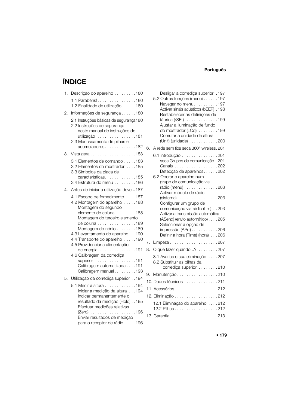 Português, Índice | Seca 274 band_1 User Manual | Page 179 / 255