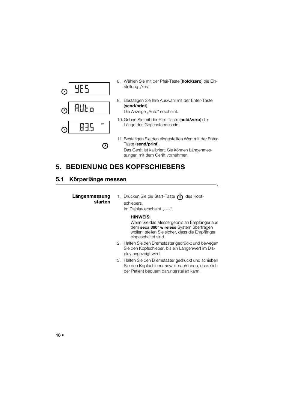 Bedienung des kopfschiebers, 1 körperlänge messen, Längenmessung starten | Seca 274 band_1 User Manual | Page 18 / 255