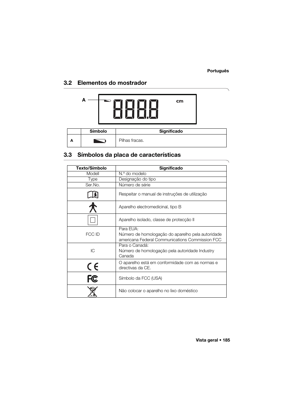 2 elementos do mostrador, 3 símbolos da placa de características | Seca 274 band_1 User Manual | Page 185 / 255