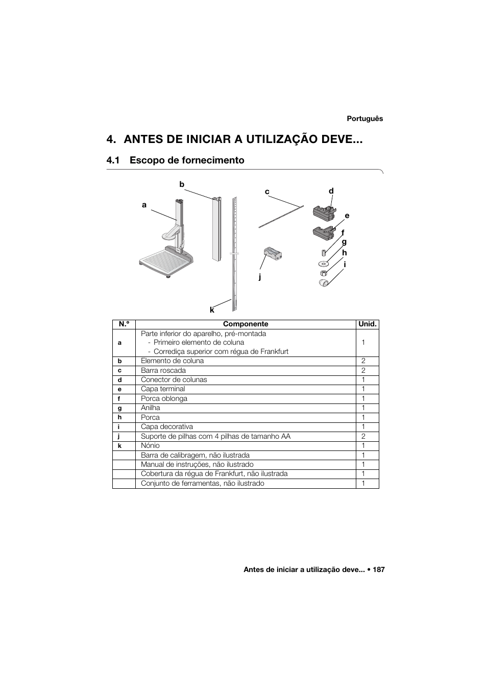 Antes de iniciar a utilização deve, 1 escopo de fornecimento | Seca 274 band_1 User Manual | Page 187 / 255