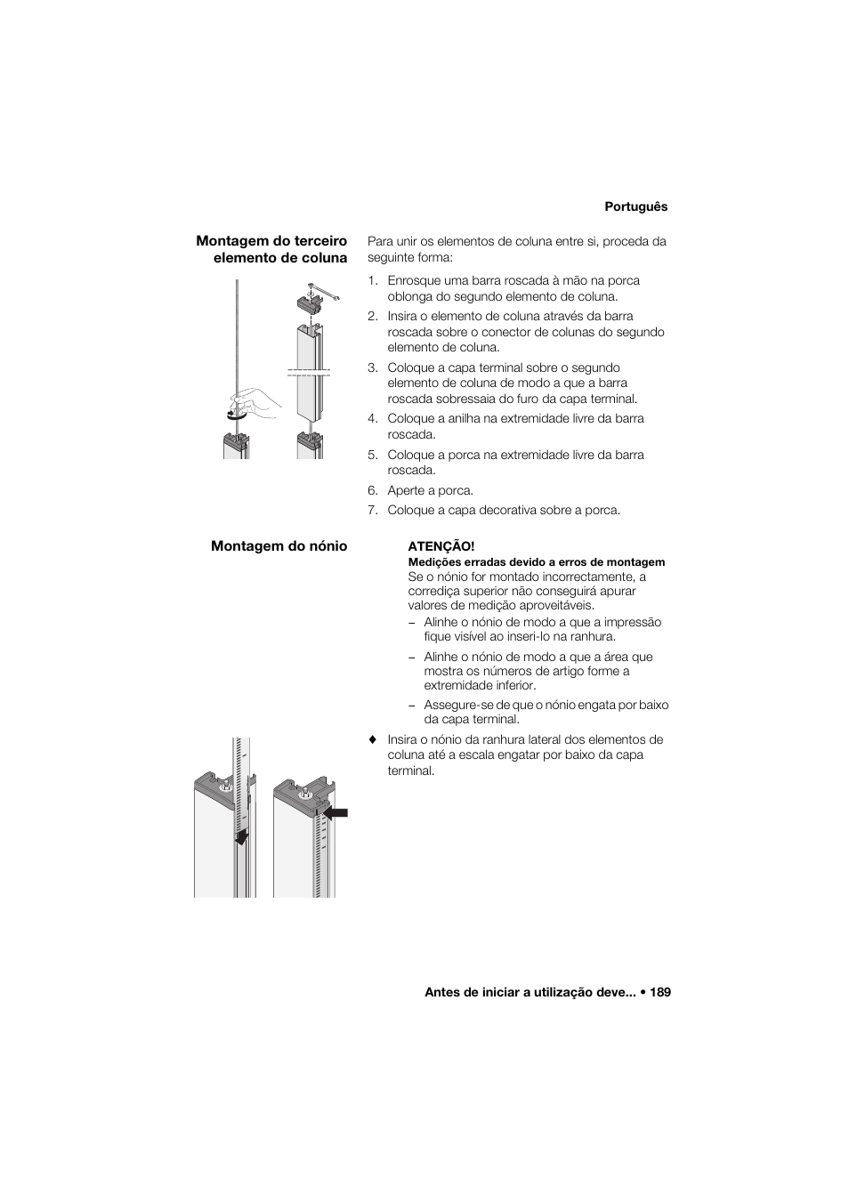 Montagem do terceiro elemento de coluna, Montagem do nónio | Seca 274 band_1 User Manual | Page 189 / 255