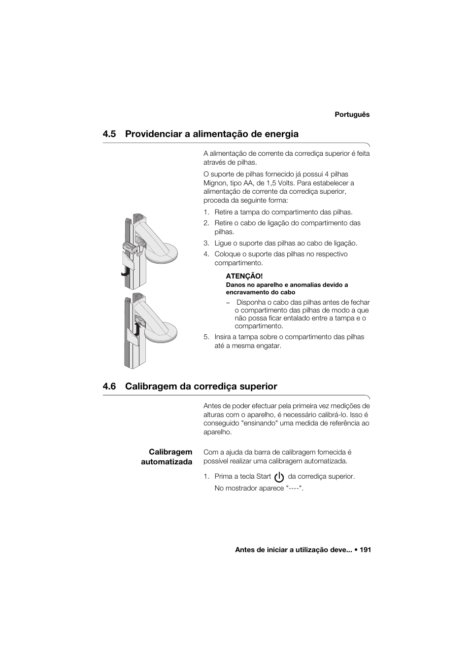 5 providenciar a alimentação de energia, 6 calibragem da corrediça superior, Calibragem automatizada | Seca 274 band_1 User Manual | Page 191 / 255