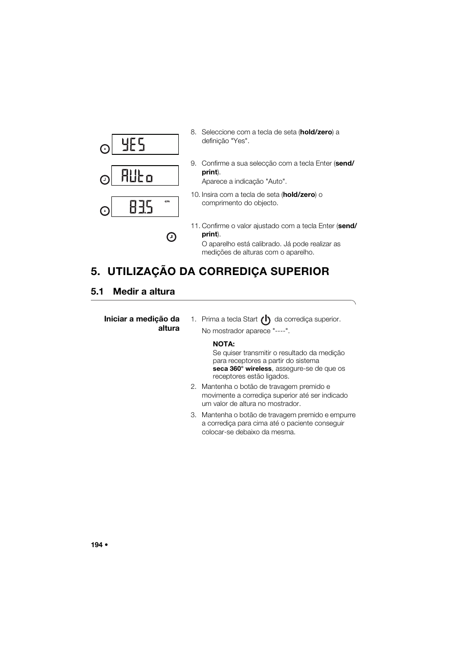 Utilização da corrediça superior, 1 medir a altura, Iniciar a medição da altura | Seca 274 band_1 User Manual | Page 194 / 255