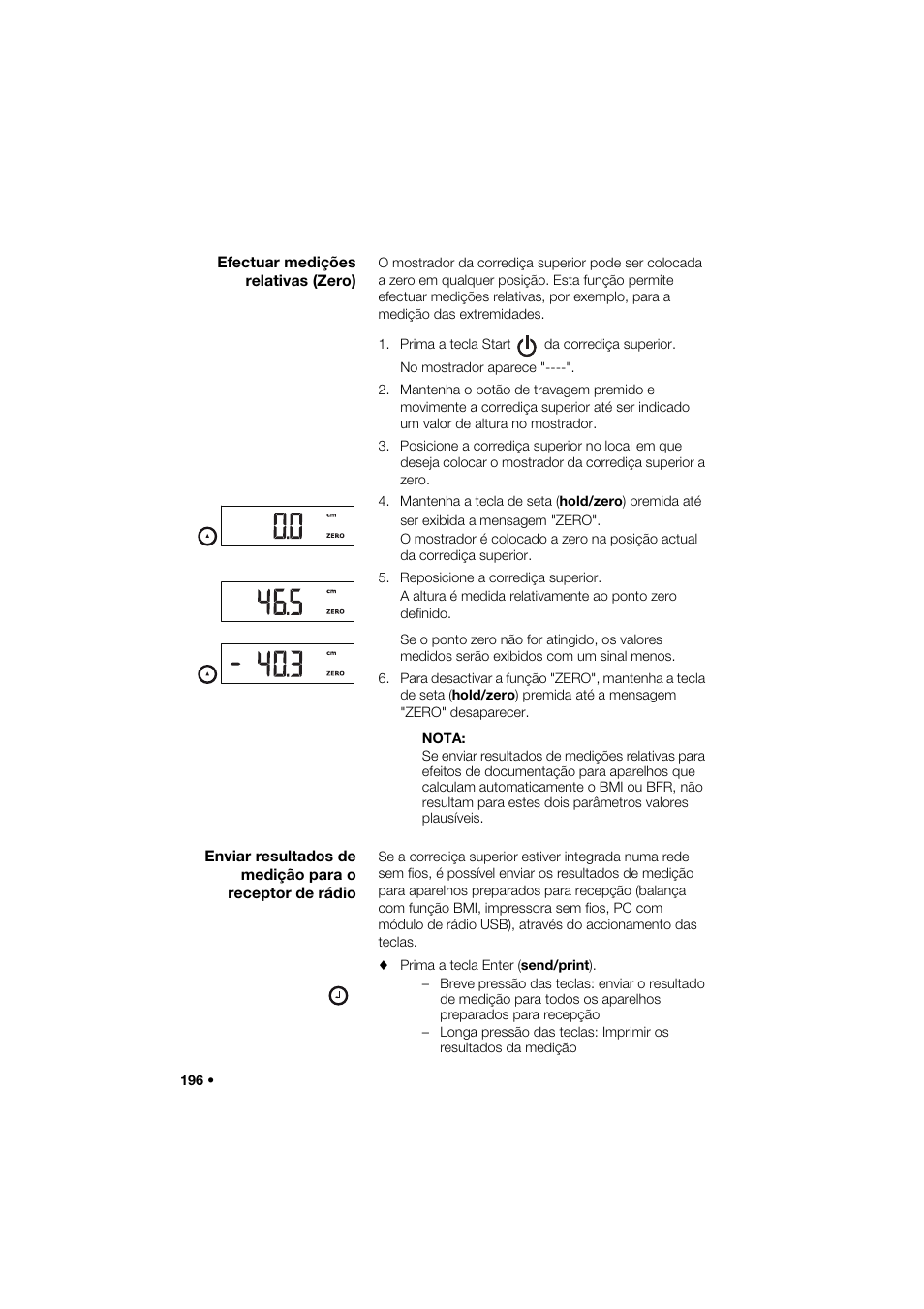 Efectuar medições relativas (zero) | Seca 274 band_1 User Manual | Page 196 / 255