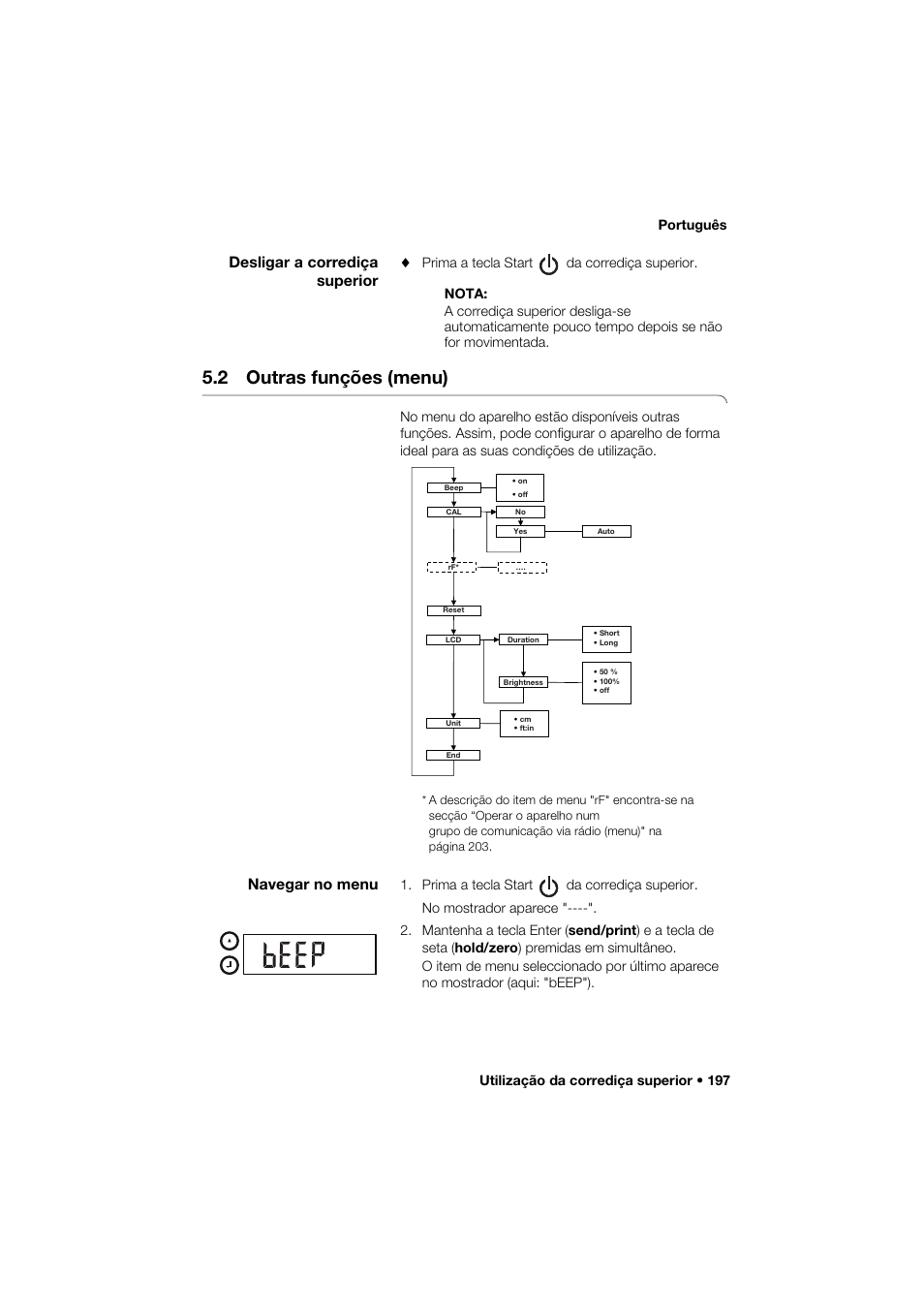 Desligar a corrediça superior, 2 outras funções (menu), Navegar no menu | Utilização da corrediça superior • 197 português | Seca 274 band_1 User Manual | Page 197 / 255