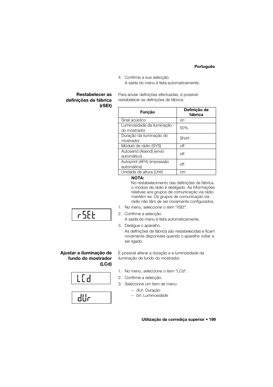 Restabelecer as definições de fábrica (rset), Ajustar a iluminação de fundo do mostrador (lcd) | Seca 274 band_1 User Manual | Page 199 / 255