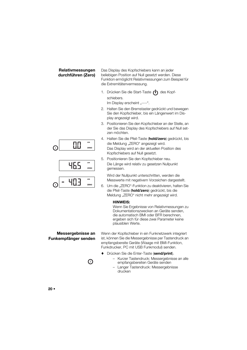 Relativmessungen durchführen (zero), Messergebnisse an funkempfänger senden | Seca 274 band_1 User Manual | Page 20 / 255