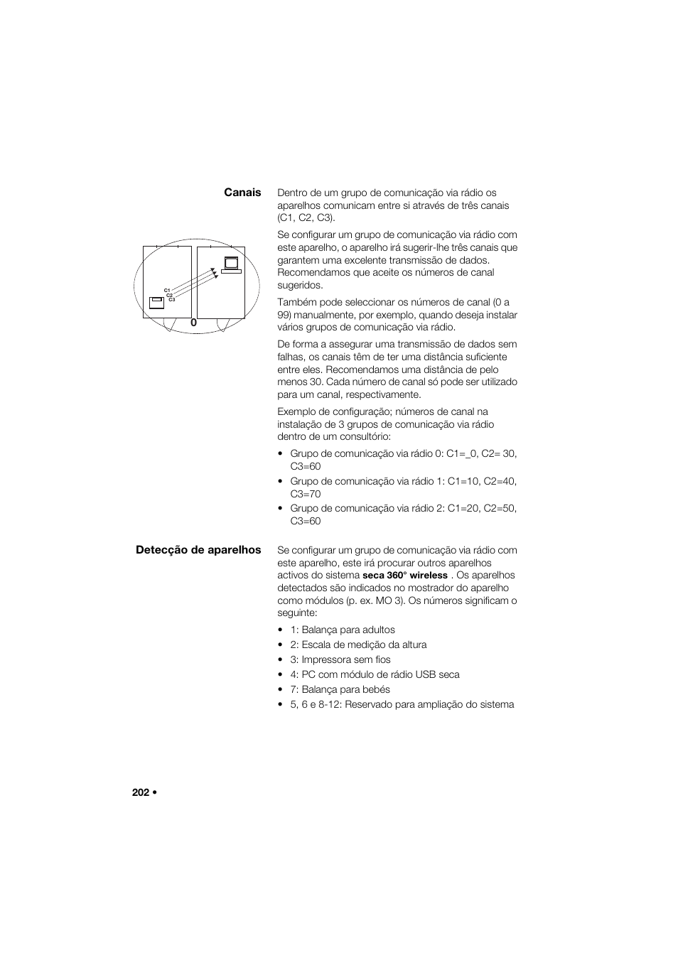 Canais, Detecção de aparelhos | Seca 274 band_1 User Manual | Page 202 / 255