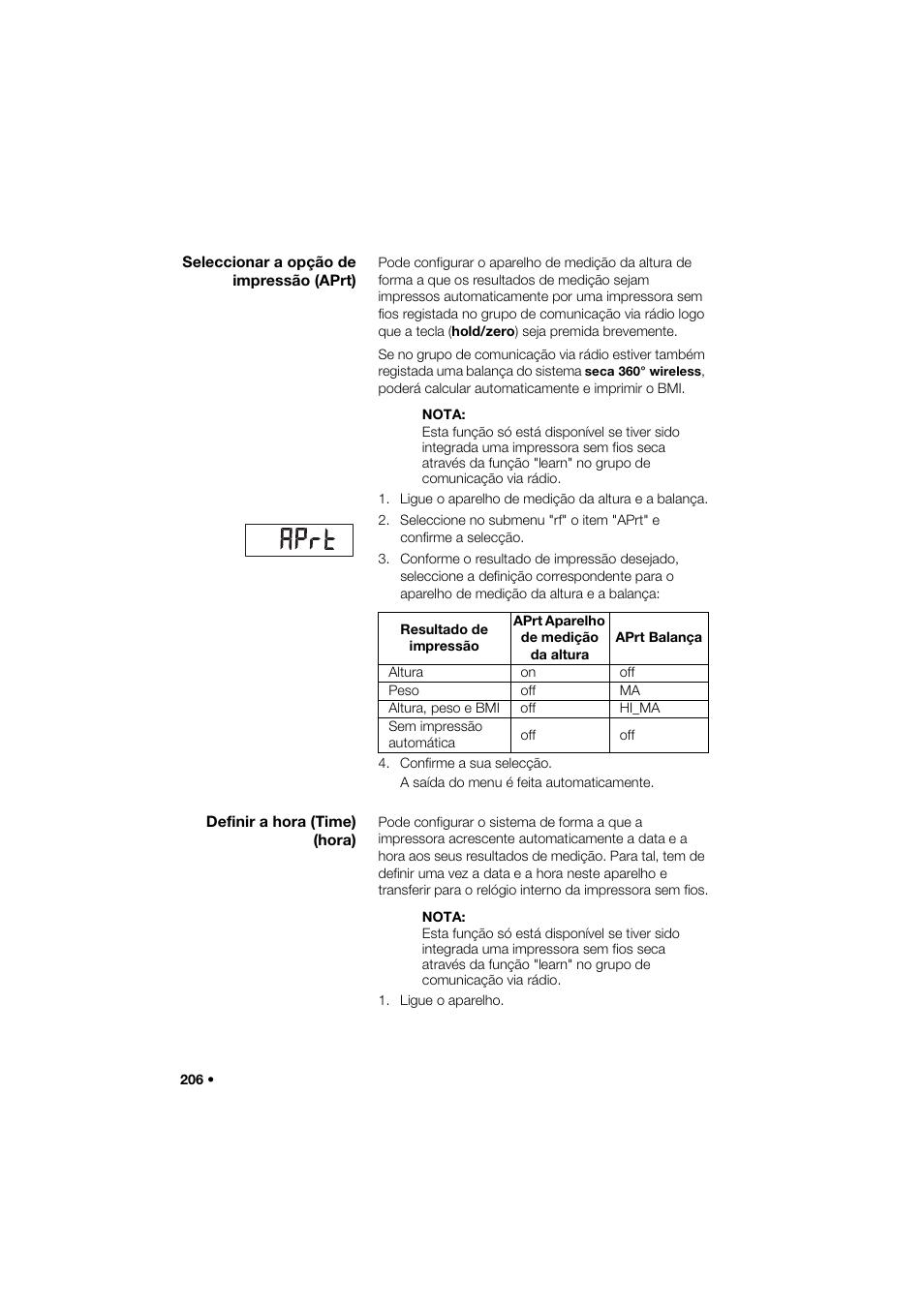 Seleccionar a opção de impressão (aprt), Definir a hora (time) (hora) | Seca 274 band_1 User Manual | Page 206 / 255