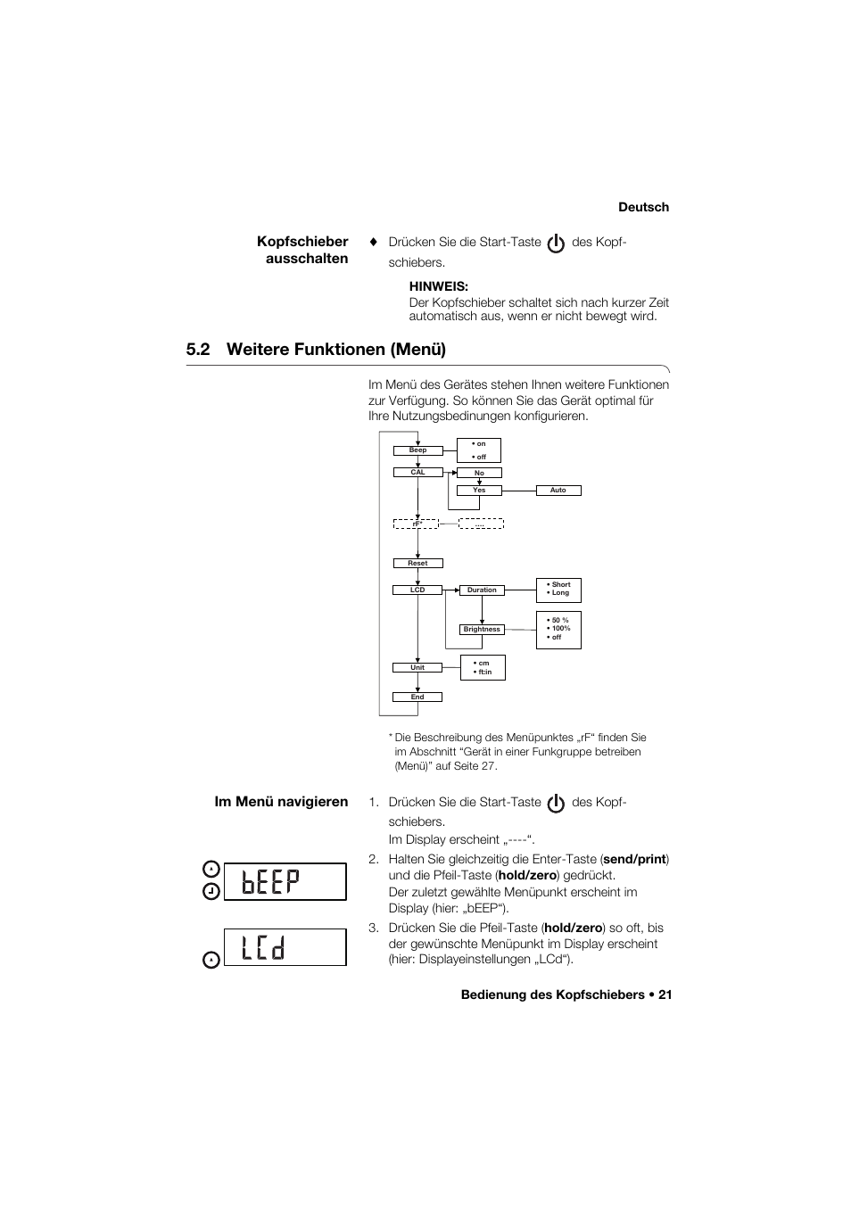 Kopfschieber ausschalten, 2 weitere funktionen (menü), Im menü navigieren | Bedienung des kopfschiebers • 21 deutsch | Seca 274 band_1 User Manual | Page 21 / 255