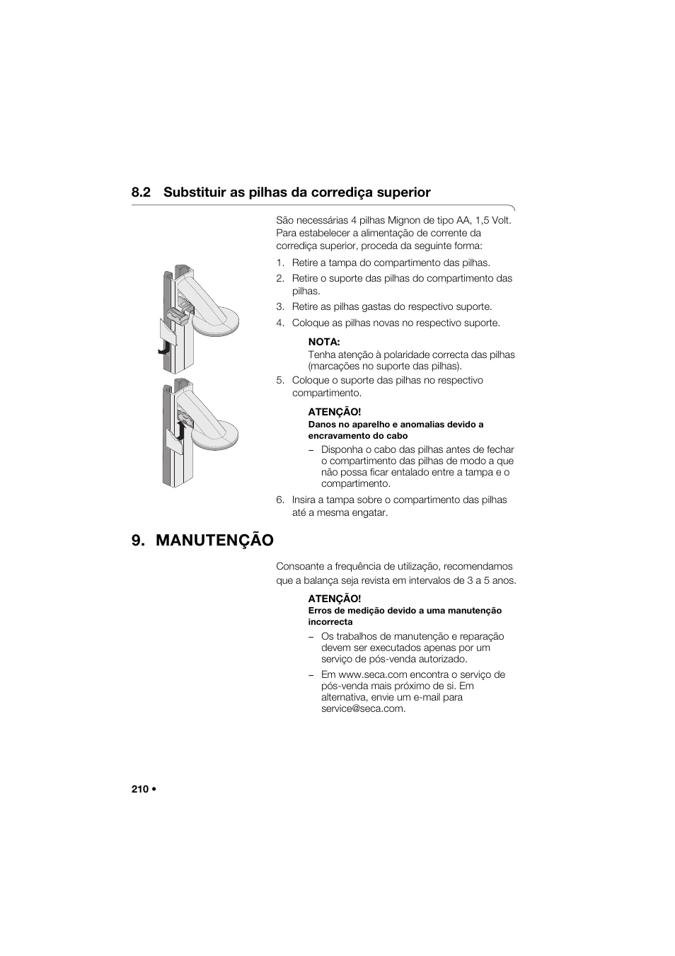 2 substituir as pilhas da corrediça superior, Manutenção | Seca 274 band_1 User Manual | Page 210 / 255