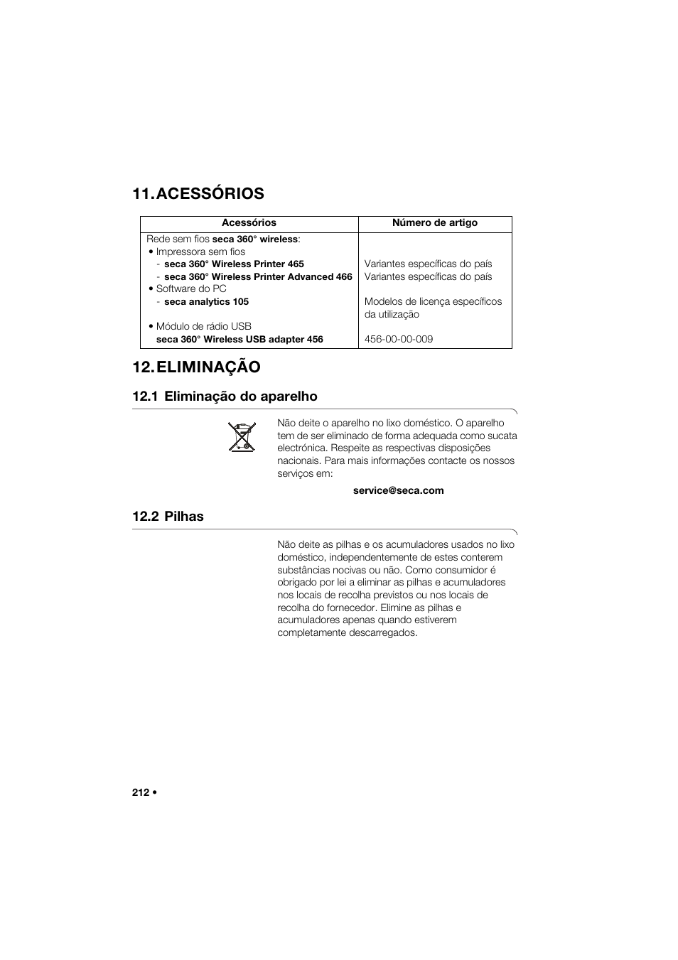 Acessórios, Eliminação, 1 eliminação do aparelho | 2 pilhas, Acessórios 12. eliminação | Seca 274 band_1 User Manual | Page 212 / 255