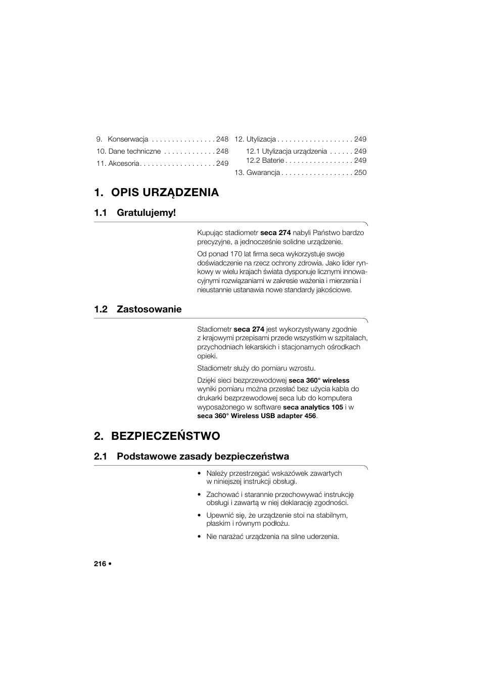 Opis urządzenia, 1 gratulujemy, 2 zastosowanie | Bezpieczeństwo, 1 podstawowe zasady bezpieczeństwa | Seca 274 band_1 User Manual | Page 216 / 255