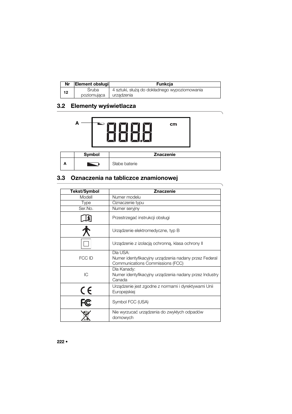 2 elementy wyświetlacza, 3 oznaczenia na tabliczce znamionowej | Seca 274 band_1 User Manual | Page 222 / 255