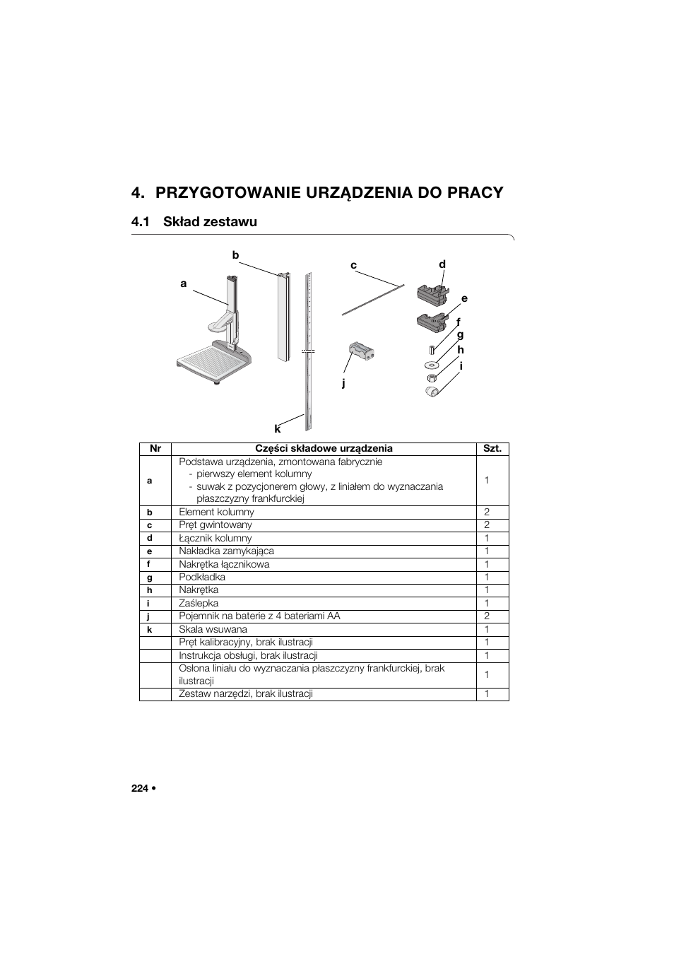 Przygotowanie urządzenia do pracy, 1 skład zestawu | Seca 274 band_1 User Manual | Page 224 / 255