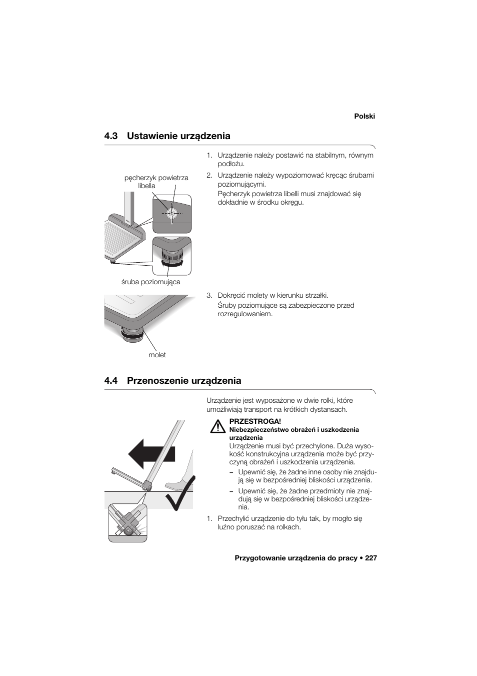 3 ustawienie urządzenia, 4 przenoszenie urządzenia | Seca 274 band_1 User Manual | Page 227 / 255