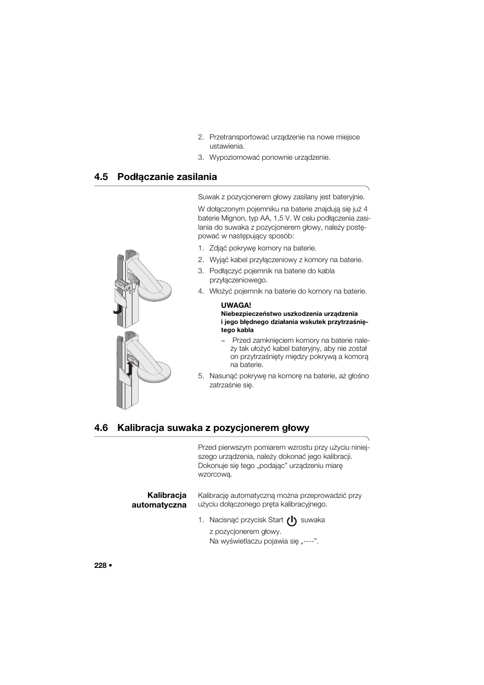 5 podłączanie zasilania, 6 kalibracja suwaka z pozycjonerem głowy, Kalibracja automatyczna | Seca 274 band_1 User Manual | Page 228 / 255