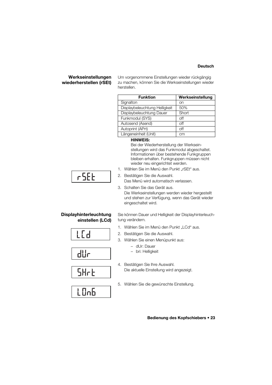 Werkseinstellungen wiederherstellen (rset), Displayhinterleuchtung einstellen (lcd) | Seca 274 band_1 User Manual | Page 23 / 255