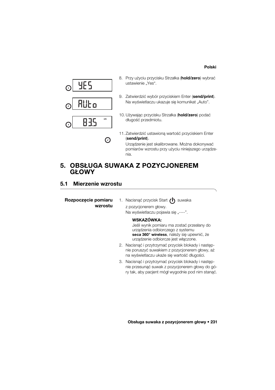 Obsługa suwaka z pozycjonerem głowy, 1 mierzenie wzrostu, Rozpoczęcie pomiaru wzrostu | Seca 274 band_1 User Manual | Page 231 / 255