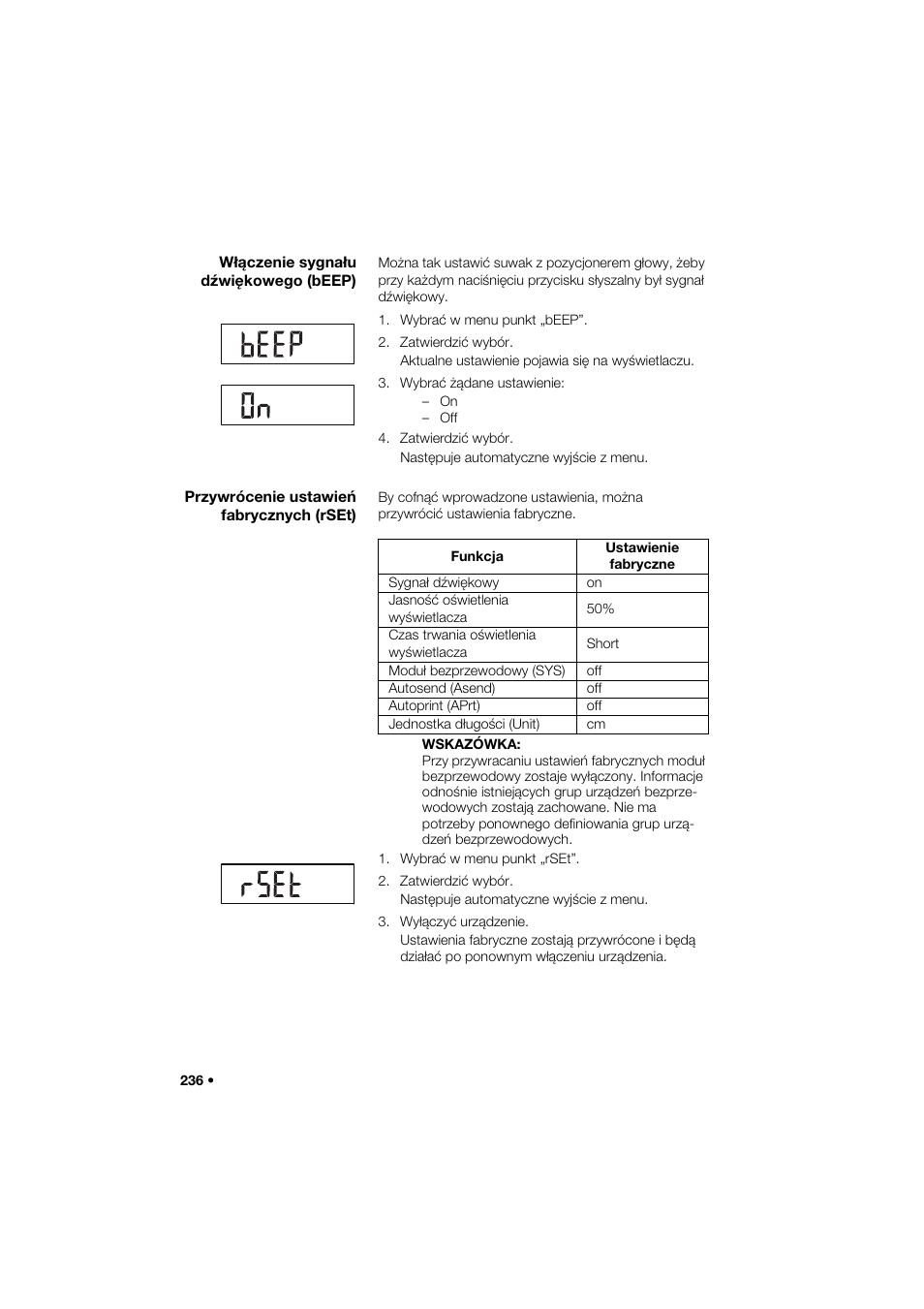 Włączenie sygnału dźwiękowego (beep), Przywrócenie ustawień fabrycznych (rset) | Seca 274 band_1 User Manual | Page 236 / 255