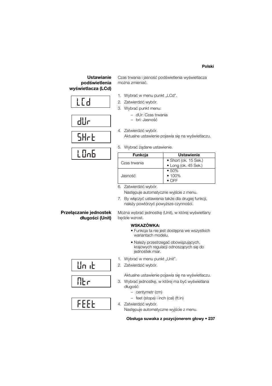 Ustawianie podświetlenia wyświetlacza (lcd), Przełączanie jednostek długości (unit) | Seca 274 band_1 User Manual | Page 237 / 255