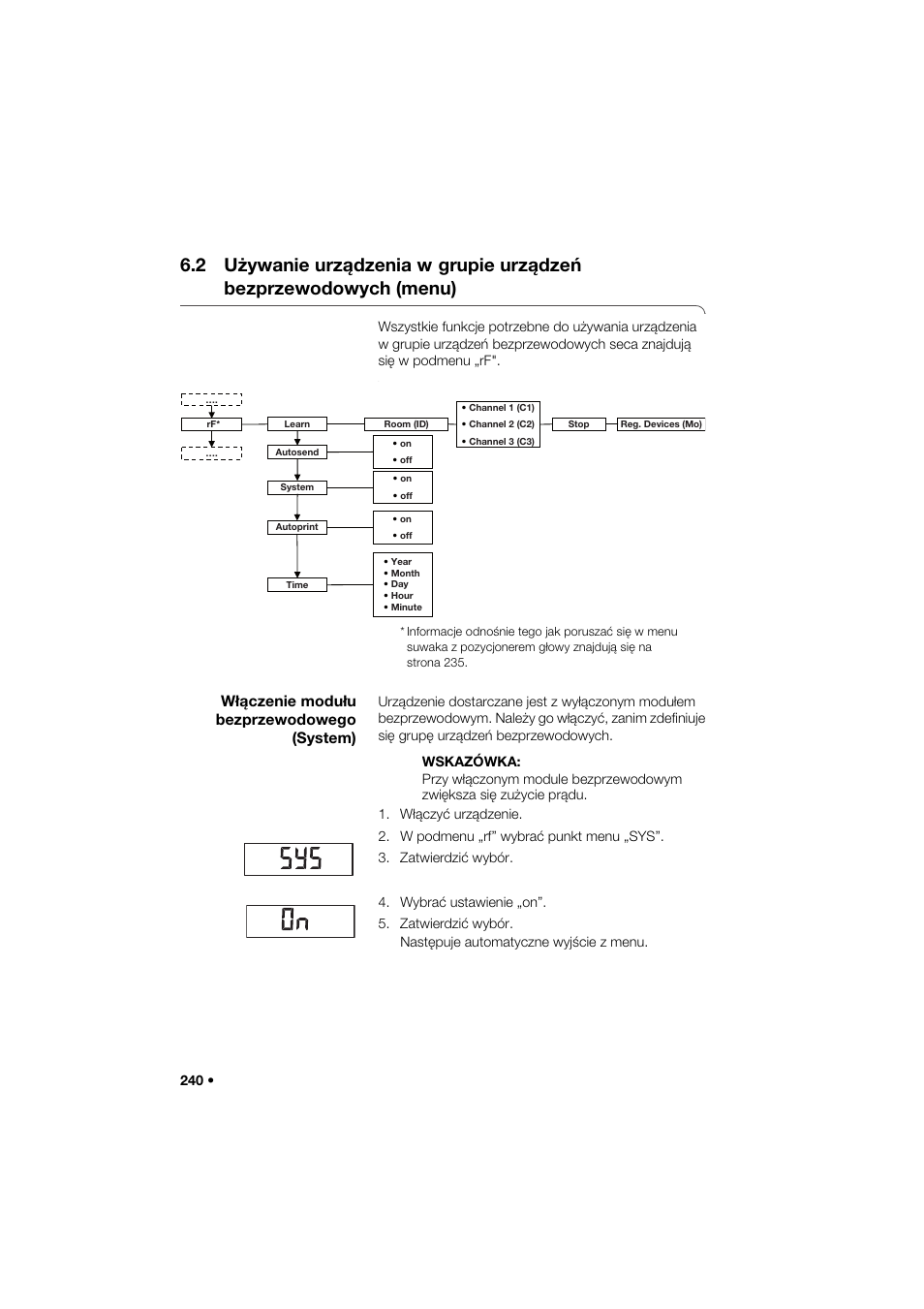 Włączenie modułu bezprzewodowego (system), 2 używanie urządzenia w, Grupie urządzeń bezprzewodowych (menu) | Seca 274 band_1 User Manual | Page 240 / 255