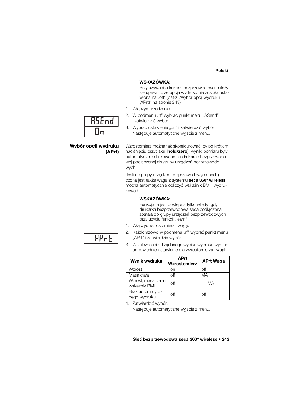 Wybór opcji wydruku (aprt) | Seca 274 band_1 User Manual | Page 243 / 255