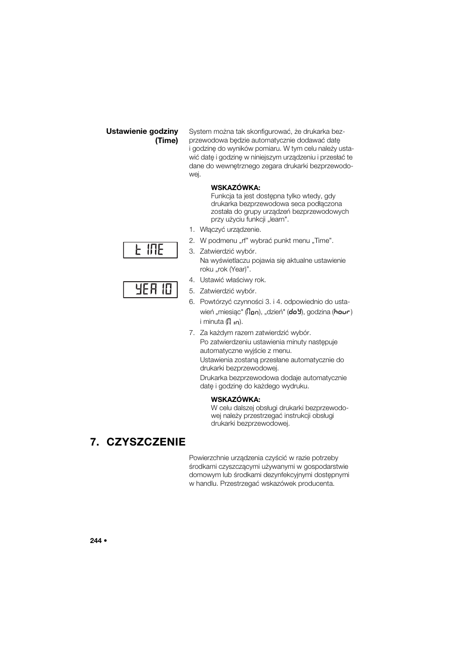 Ustawienie godziny (time), Czyszczenie | Seca 274 band_1 User Manual | Page 244 / 255