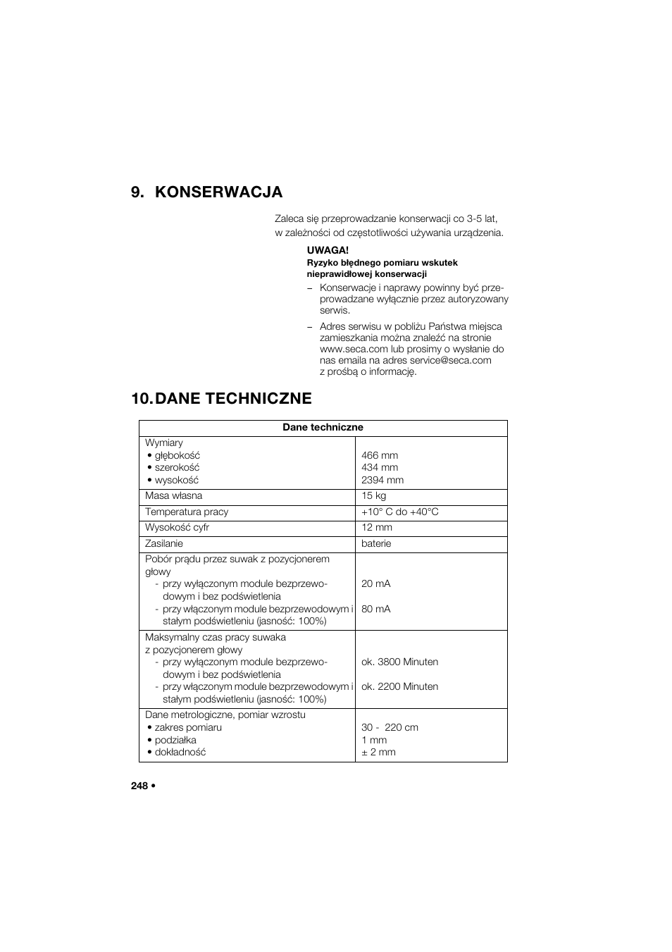 Konserwacja, Dane techniczne | Seca 274 band_1 User Manual | Page 248 / 255