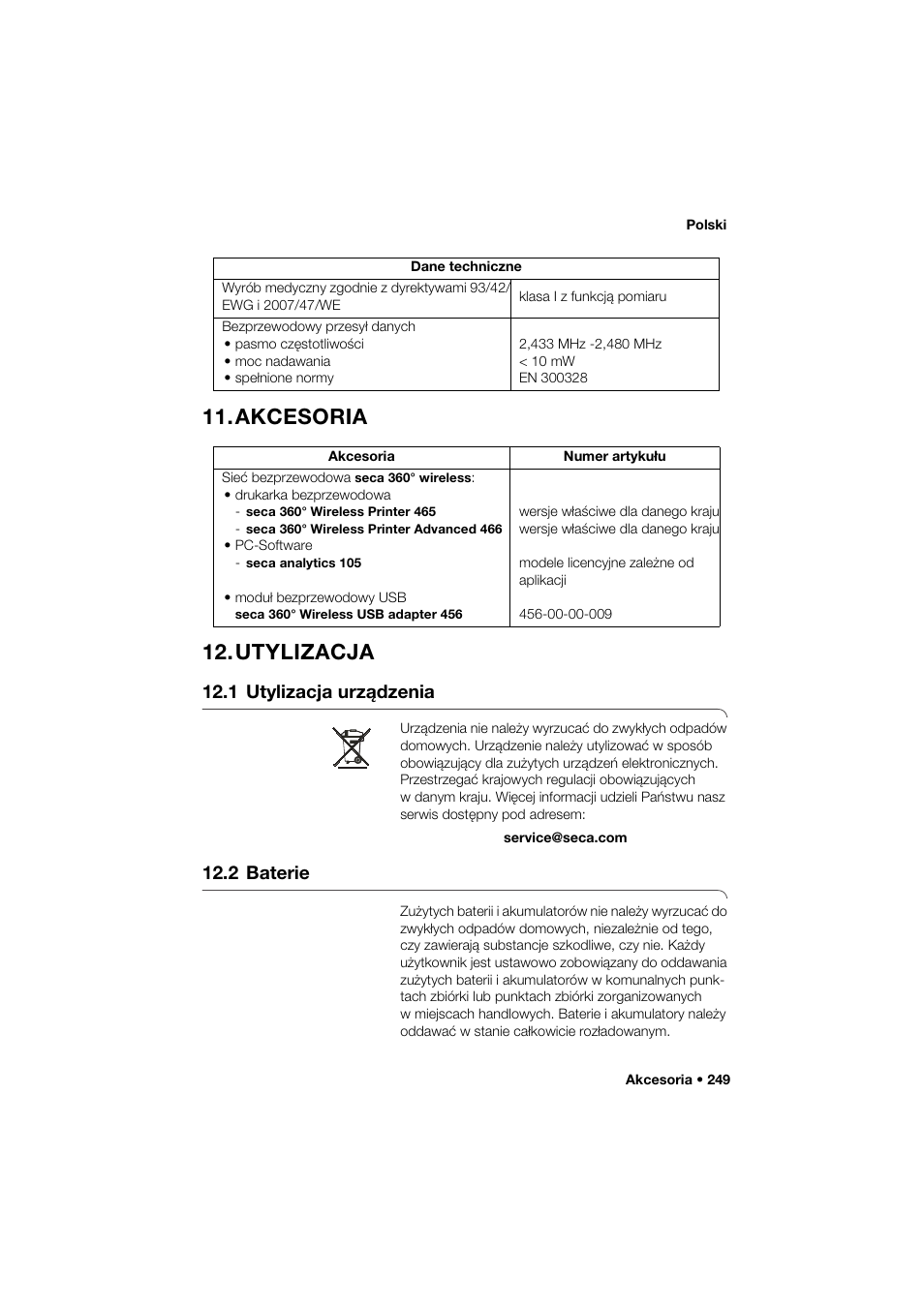 Akcesoria, Utylizacja, 1 utylizacja urządzenia | 2 baterie, Akcesoria 12. utylizacja | Seca 274 band_1 User Manual | Page 249 / 255