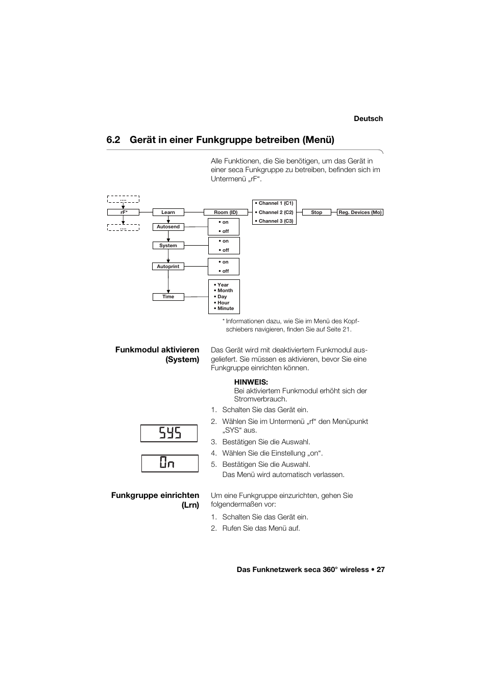 2 gerät in einer funkgruppe betreiben (menü), Funkmodul aktivieren (system), Funkgruppe einrichten (lrn) | 2 gerät in einer, Funkgruppe betreiben (menü) | Seca 274 band_1 User Manual | Page 27 / 255