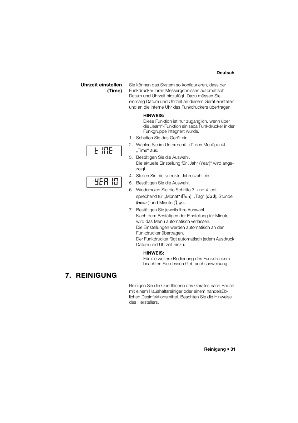 Uhrzeit einstellen (time), Reinigung | Seca 274 band_1 User Manual | Page 31 / 255