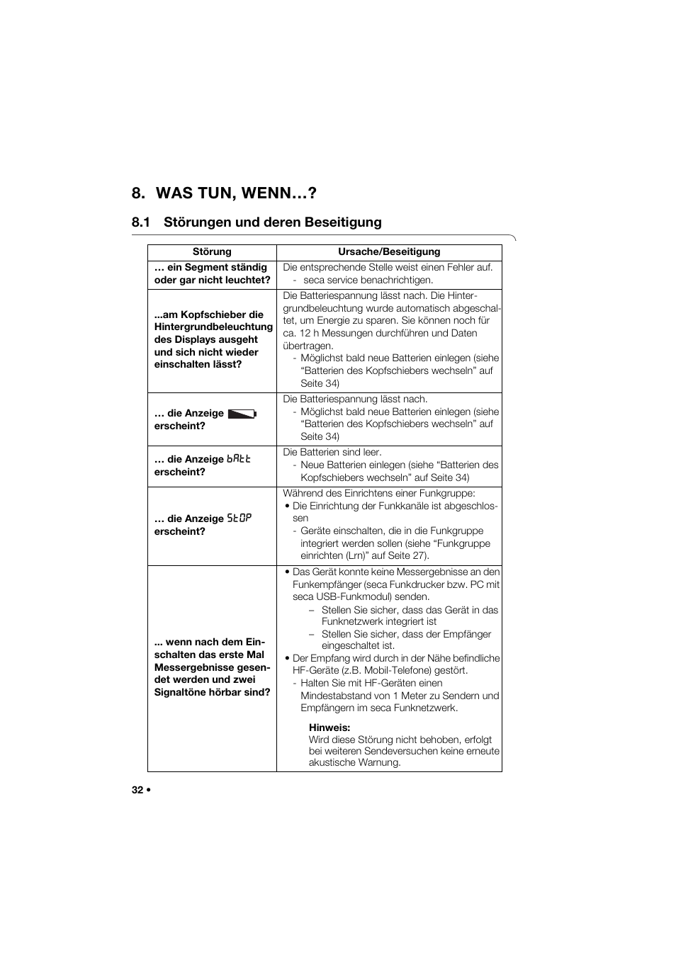 Was tun, wenn, 1 störungen und deren beseitigung | Seca 274 band_1 User Manual | Page 32 / 255