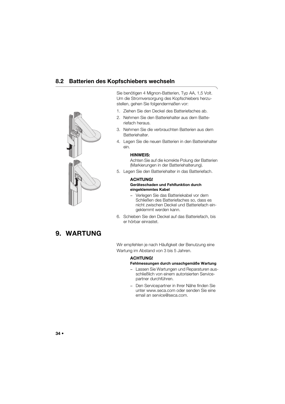 2 batterien des kopfschiebers wechseln, Wartung | Seca 274 band_1 User Manual | Page 34 / 255