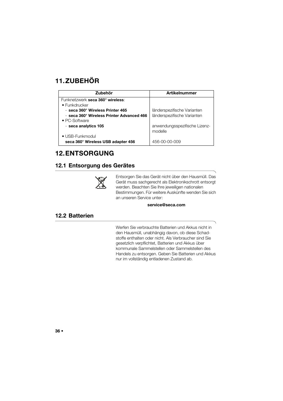 Zubehör, Entsorgung, 1 entsorgung des gerätes | 2 batterien, Zubehör 12. entsorgung | Seca 274 band_1 User Manual | Page 36 / 255