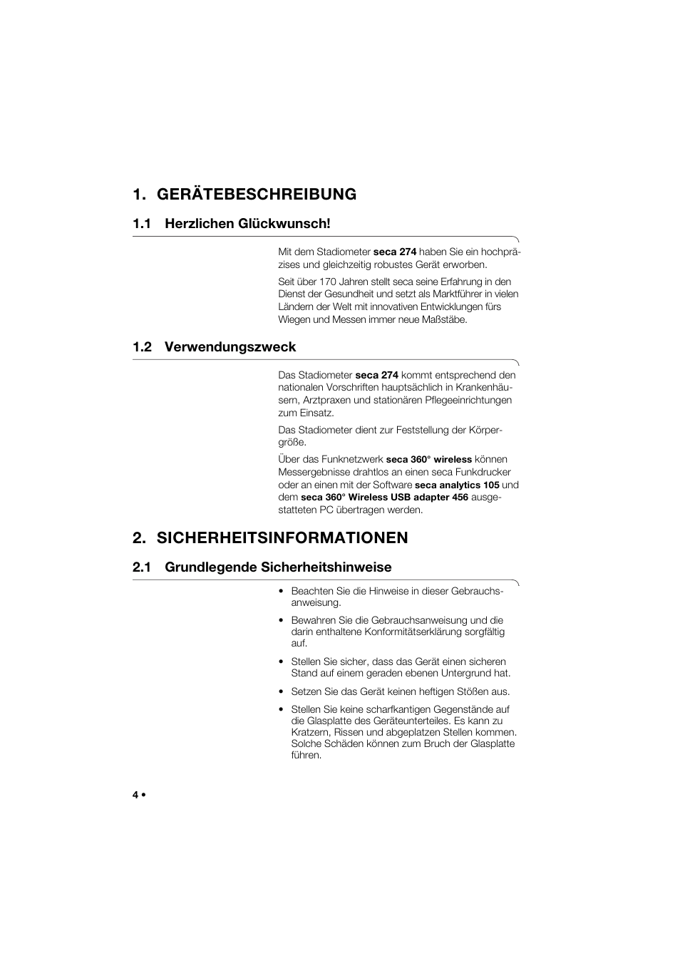 Gerätebeschreibung, 1 herzlichen glückwunsch, 2 verwendungszweck | Sicherheitsinformationen, 1 grundlegende sicherheitshinweise | Seca 274 band_1 User Manual | Page 4 / 255