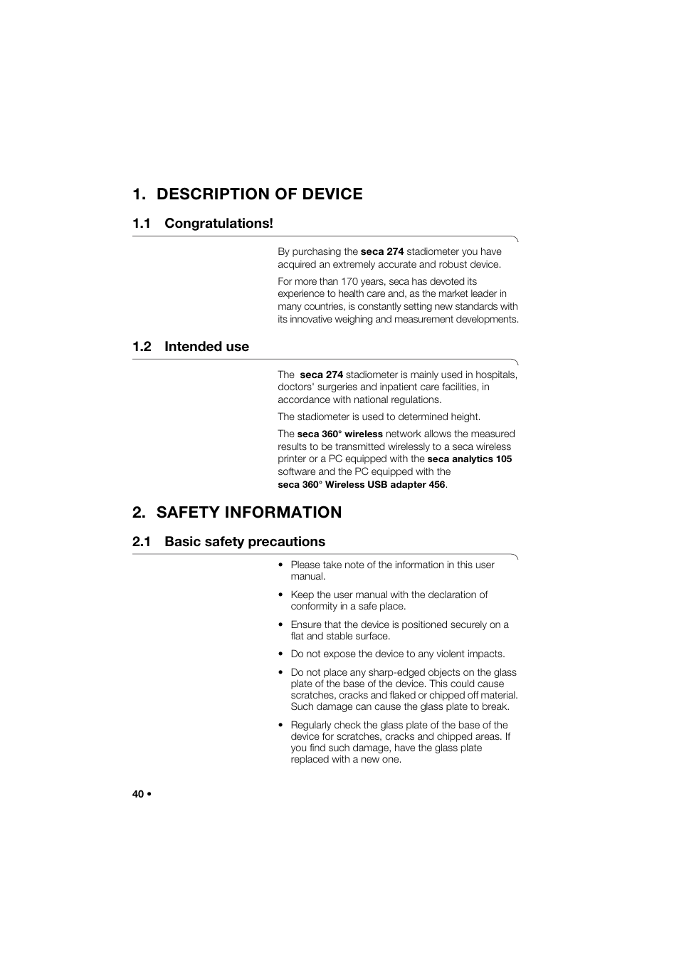 Description of device, 1 congratulations, 2 intended use | Safety information, 1 basic safety precautions | Seca 274 band_1 User Manual | Page 40 / 255